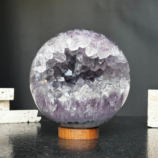 Uruguayan Amethyst Sphere with Jasper, Agate & Carob Wood Base – 6.86 lb, 5 Inches
