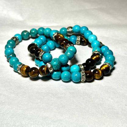 Blue Howlite and Tiger Eye Round Bead Bracelet 8mm - Balanced Emotions