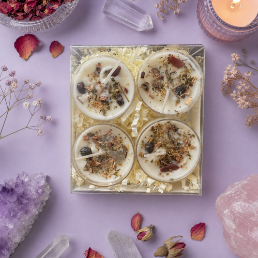 Gaia Goddess Tealight Candle Set – 4 Pack with Petrified Wood & Herbs