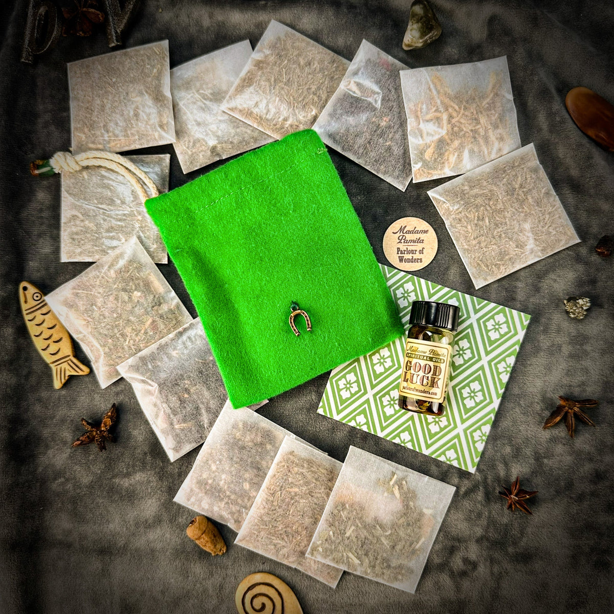 Gambler’s Lucky 7 Mojo Bag Kit – Regular Strength, 4 x 3 Inch Green Cotton Bag – alternate product image