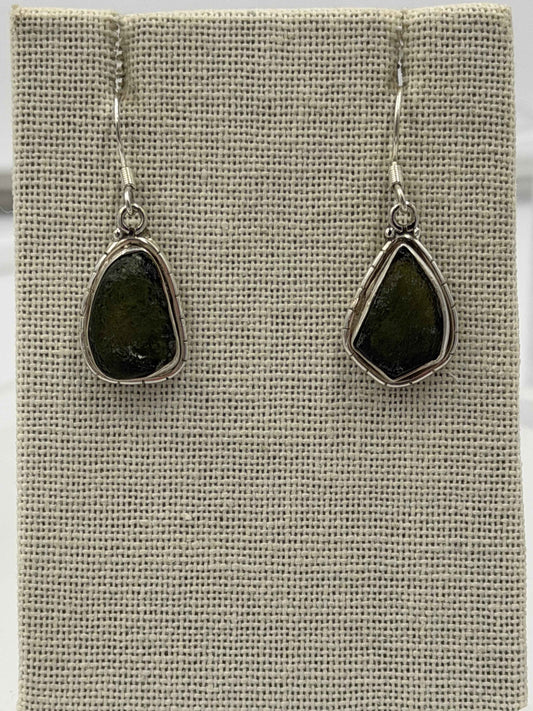 Sterling Silver Lined Bezel-Set Moldavite Dangle Earrings
