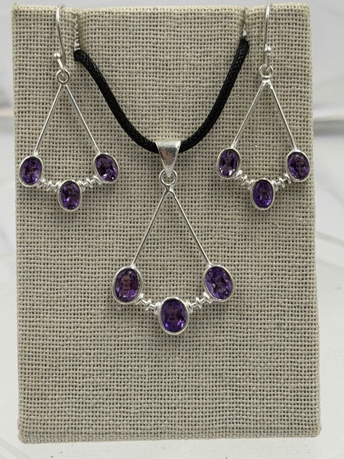 Sterling Silver Open Triple Amethyst Dangle Earrings & Pendant Set
