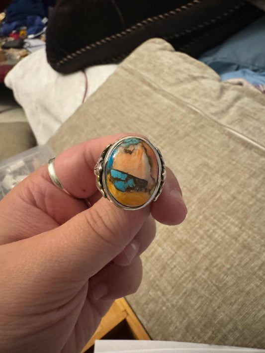 Spiny Oyster Turquoise Scrollwork Sterling Silver Ring – Size 11