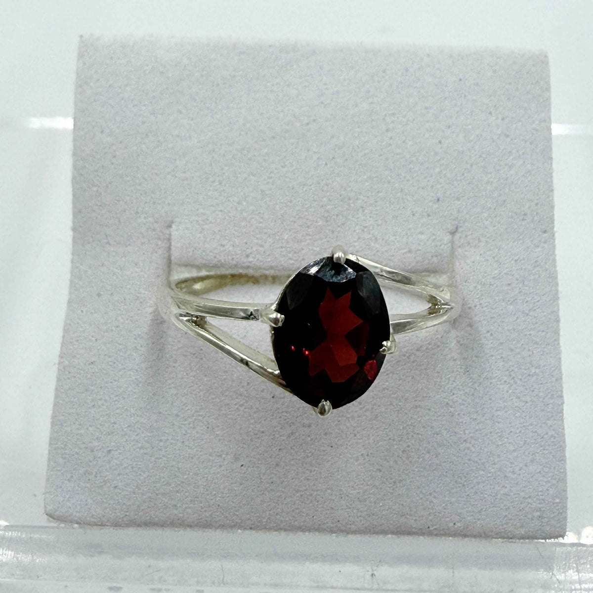 Sterling Silver Oval Garnet Open-Frame Ring – Size 9
