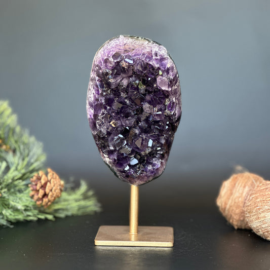 Uruguayan Galaxy Amethyst on Gold Metal Stand – 8 Inches