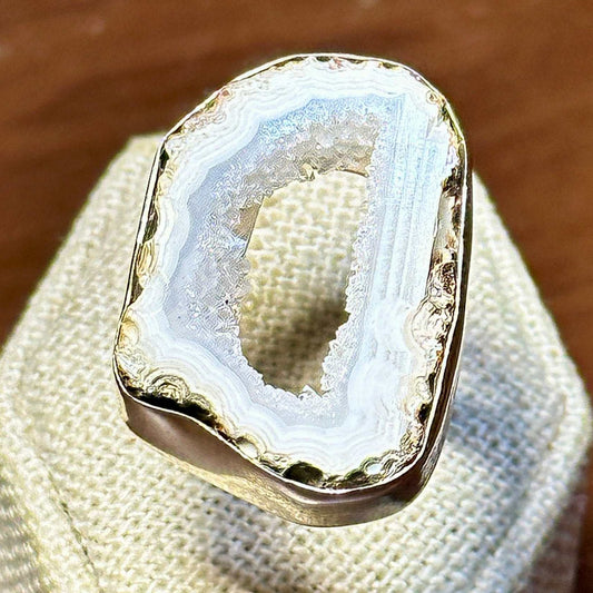 White Banded Agate Geode Slice Ring – Sterling Silver – Size 7