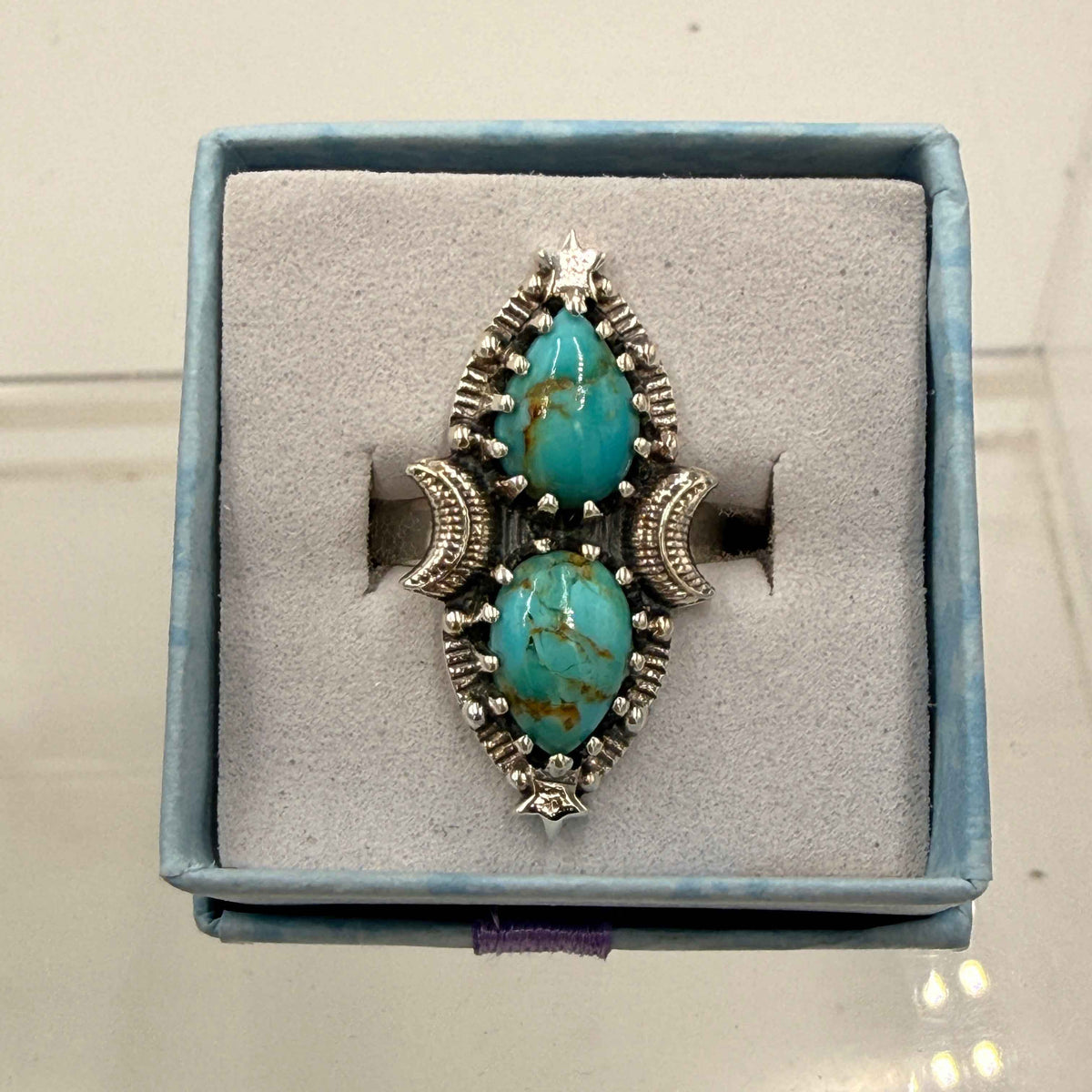 Sterling Silver Double-Teardrop Celestial Turquoise Ring – Size 7