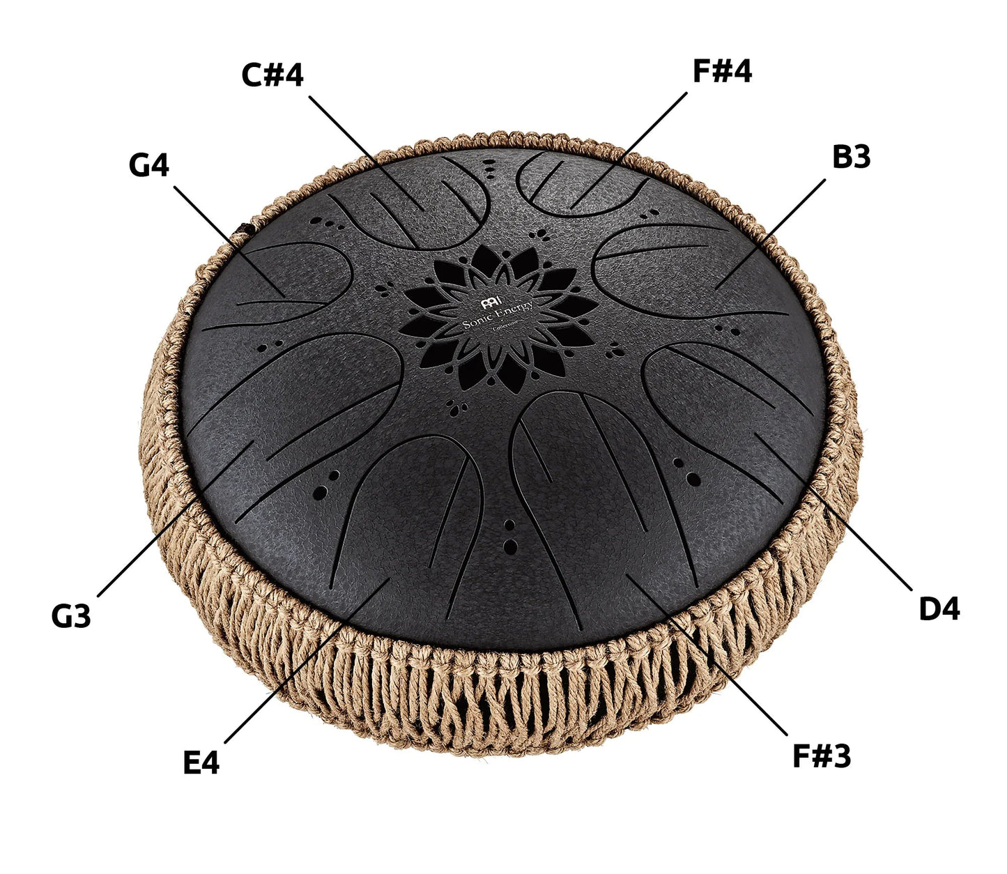 10" Medium Octave Steel Tongue Drum, B Minor, 8 Notes, 432 Hz, Black