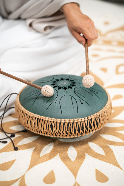 10" Medium Octave Steel Tongue Drum, F# Minor, 8 Notes, 432 Hz, Dark Green