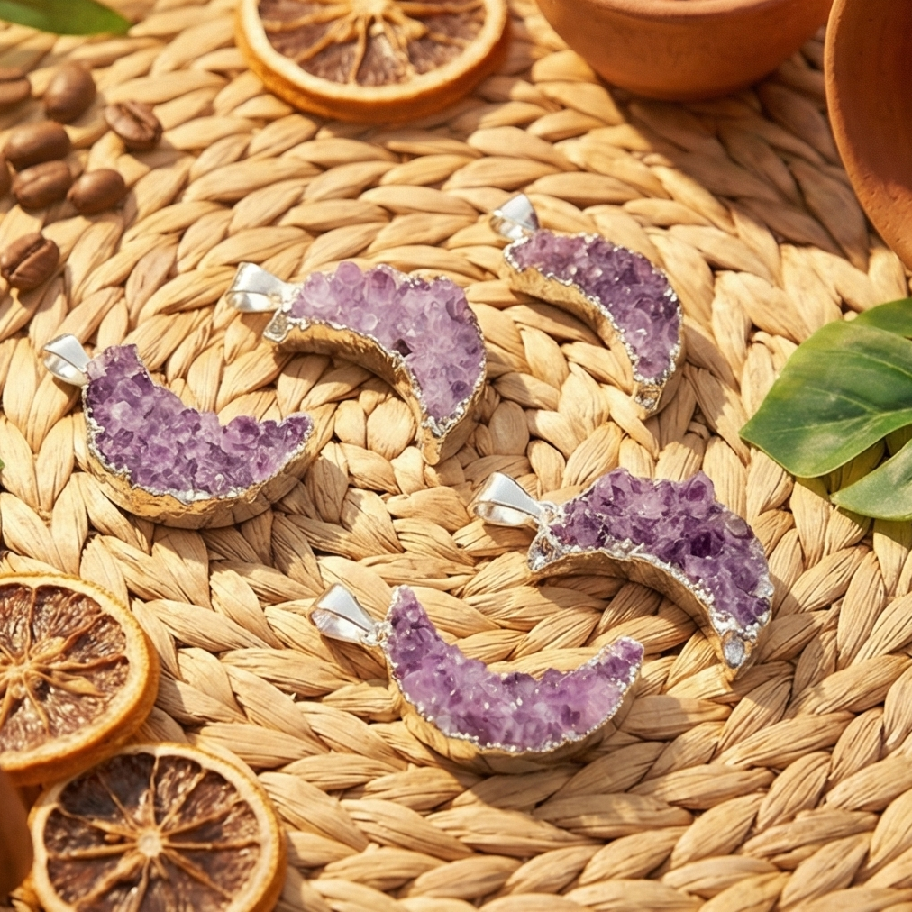 Crescent Moon Pendant (Amethyst Druzy Crystal)(Silver Plated) Gemstone Jewelry Necklace Charm Supply