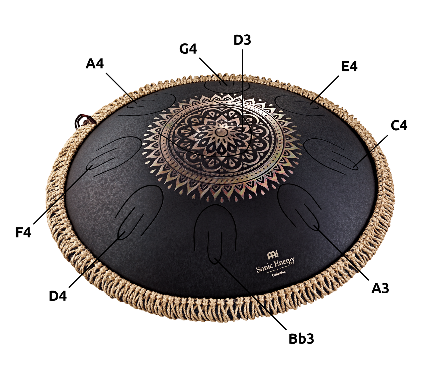 16" Octave Steel Tongue Drum, D Kurd, Lasered Floral Design, Black