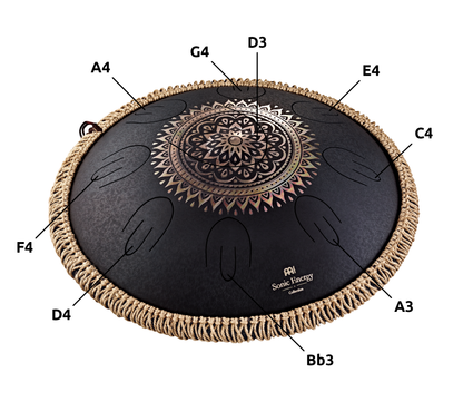 16" Octave Steel Tongue Drum, D Kurd, Lasered Floral Design, Black