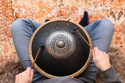 16" Octave Steel Tongue Drum, D Kurd, Lasered Floral Design, Black