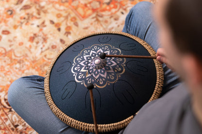 16" Octave Steel Tongue Drum, D Amara, Lasered Floral Design, Navy Blue