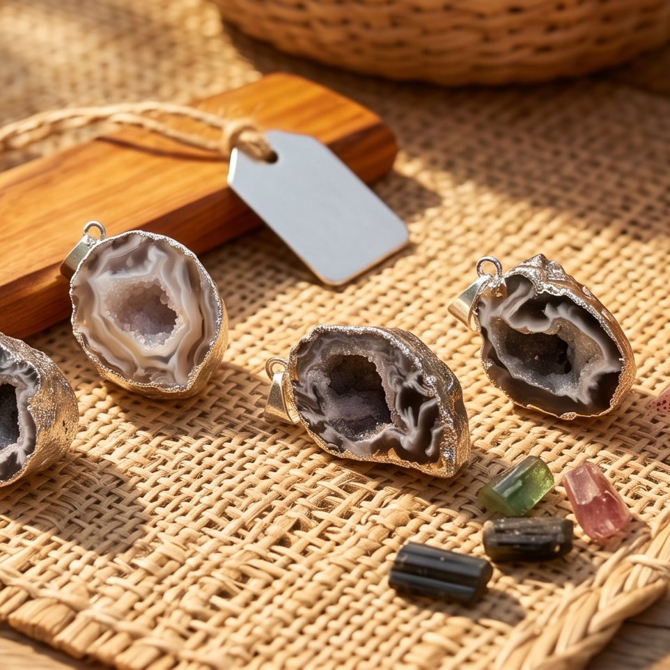Oco Geode Druzy Crystal Pendant (Full Silver Plated Back) Gemstone Jewelry Necklace Supply