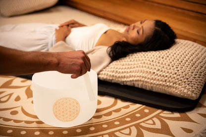 10" White-Frosted Crystal Singing Bowl, Flower of Life 128 Hz