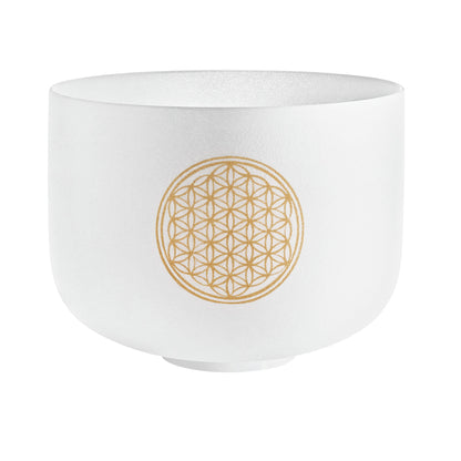 10" White-Frosted Crystal Singing Bowl, Flower of Life 128 Hz