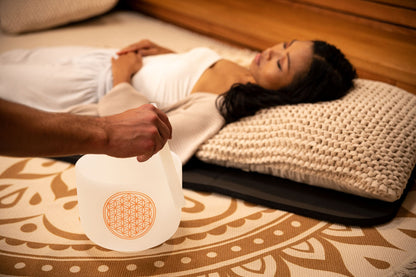 8" White-Frosted Crystal Singing Bowl, Flower of Life 128 Hz