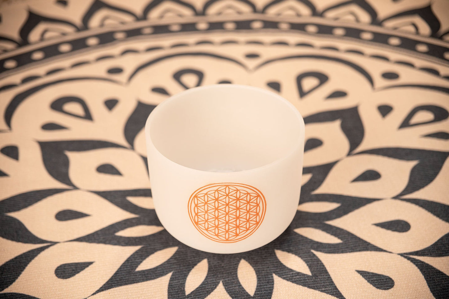 8" White-Frosted Crystal Singing Bowl, Flower of Life 128 Hz