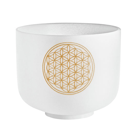 8" White-Frosted Crystal Singing Bowl, Flower of Life 128 Hz