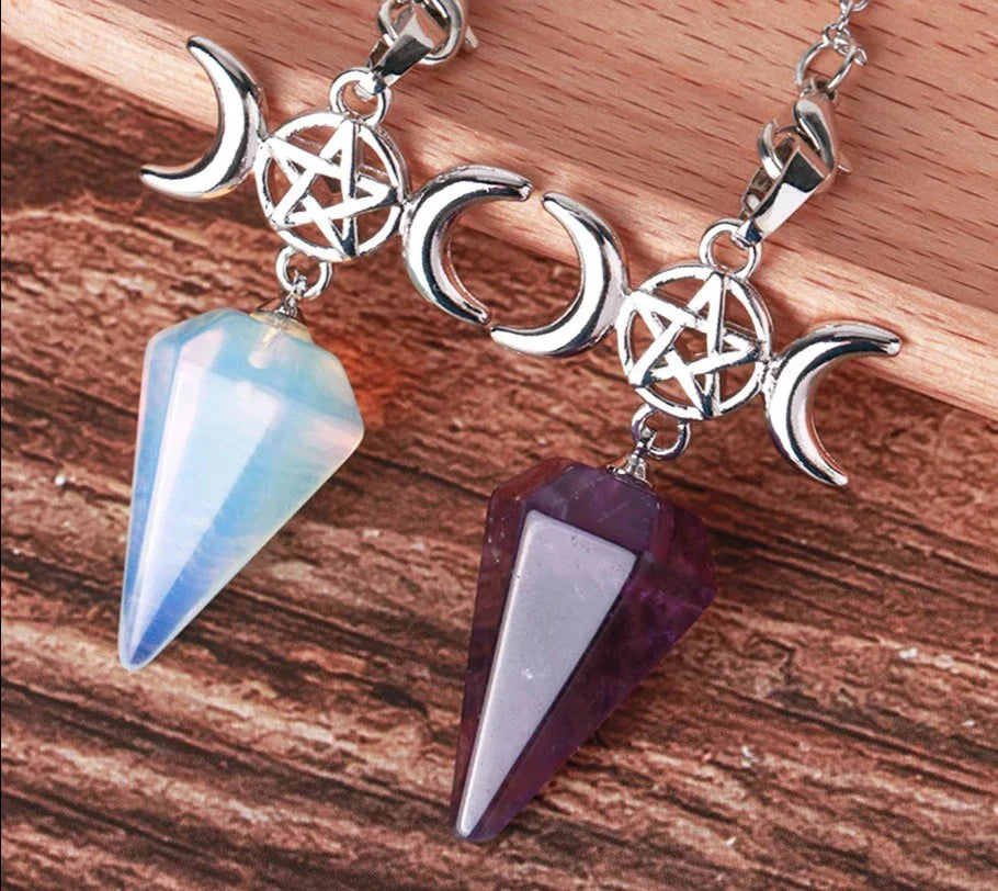 Triple Moon Pentacle Natural Healing Crystal Pendulums
