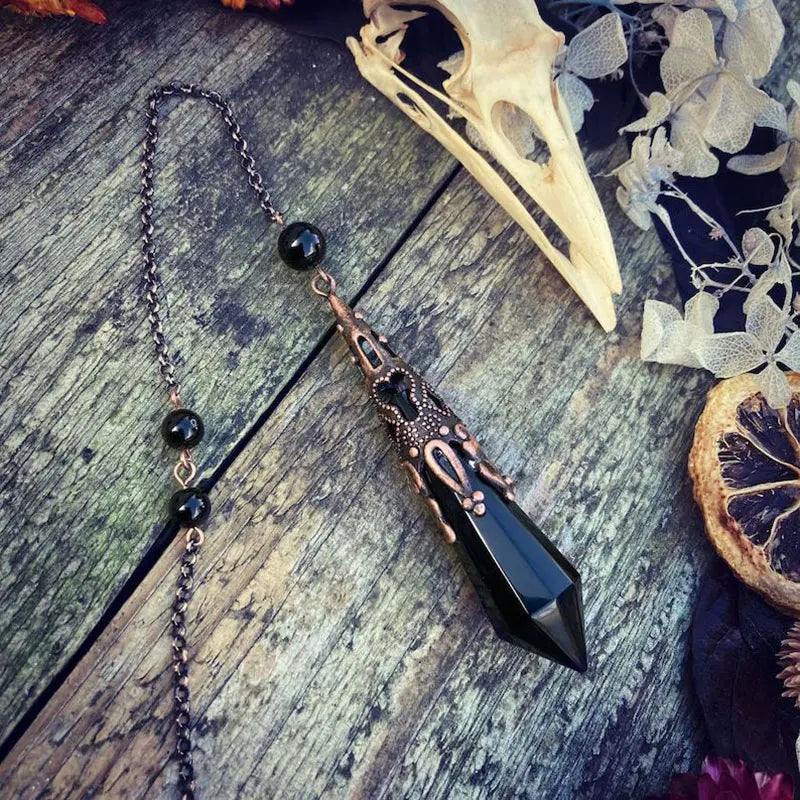 Obsidian Raven Skull Pendulum for Healing and Protection