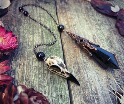 Obsidian Raven Skull Pendulum for Healing and Protection