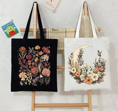Large Capacity Witchy Floral Moon Canvas Tote Bags