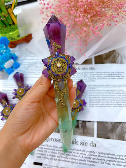 Green Fluorite And Amethyst Pentacle Witch Wand For Healing
