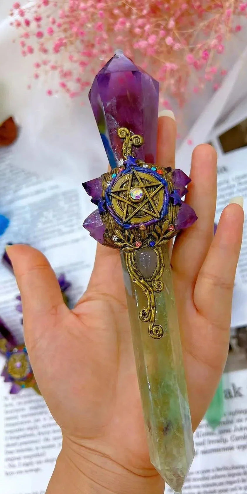 Green Fluorite And Amethyst Pentacle Witch Wand For Healing
