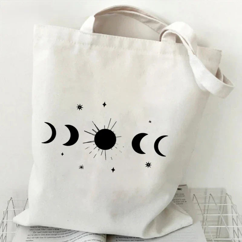 Large Capacity Witchy Floral Moon Canvas Tote Bags