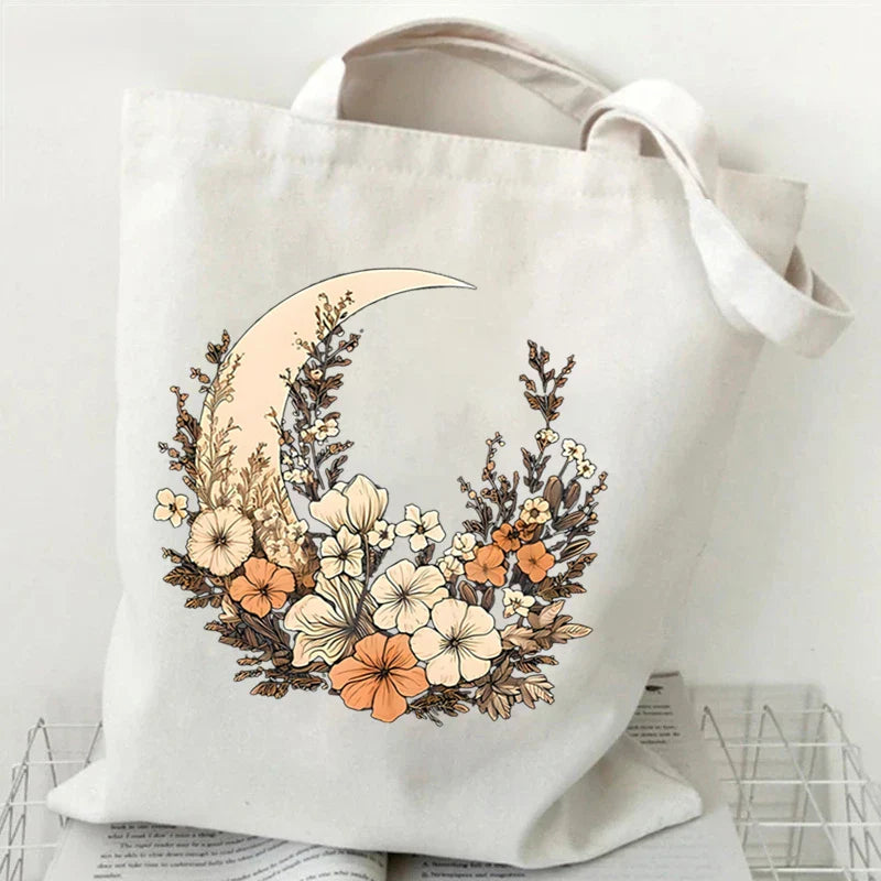 Large Capacity Witchy Floral Moon Canvas Tote Bags