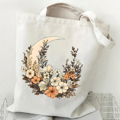 Large Capacity Witchy Floral Moon Canvas Tote Bags