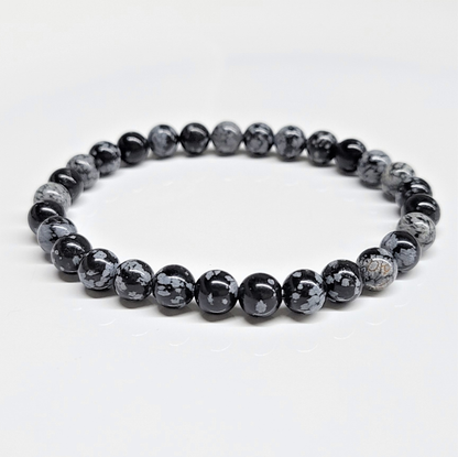 Snowflake Obsidian Round Bead Bracelet - Angelic Protection