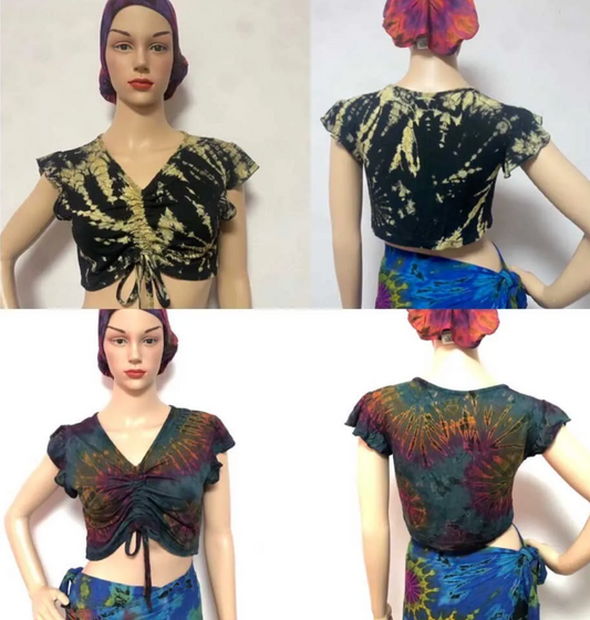 Tie-Dye Ruched Spandex Crop Top | Boho Festival V-Neck Tee