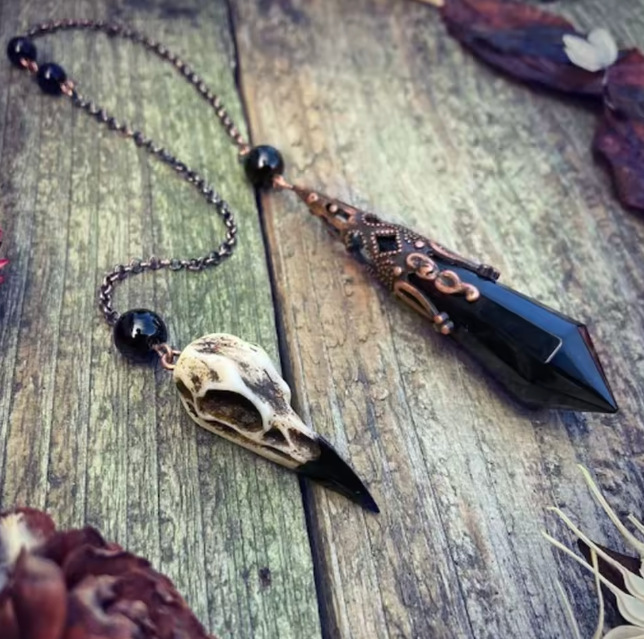 Obsidian Raven Skull Pendulum for Healing and Protection