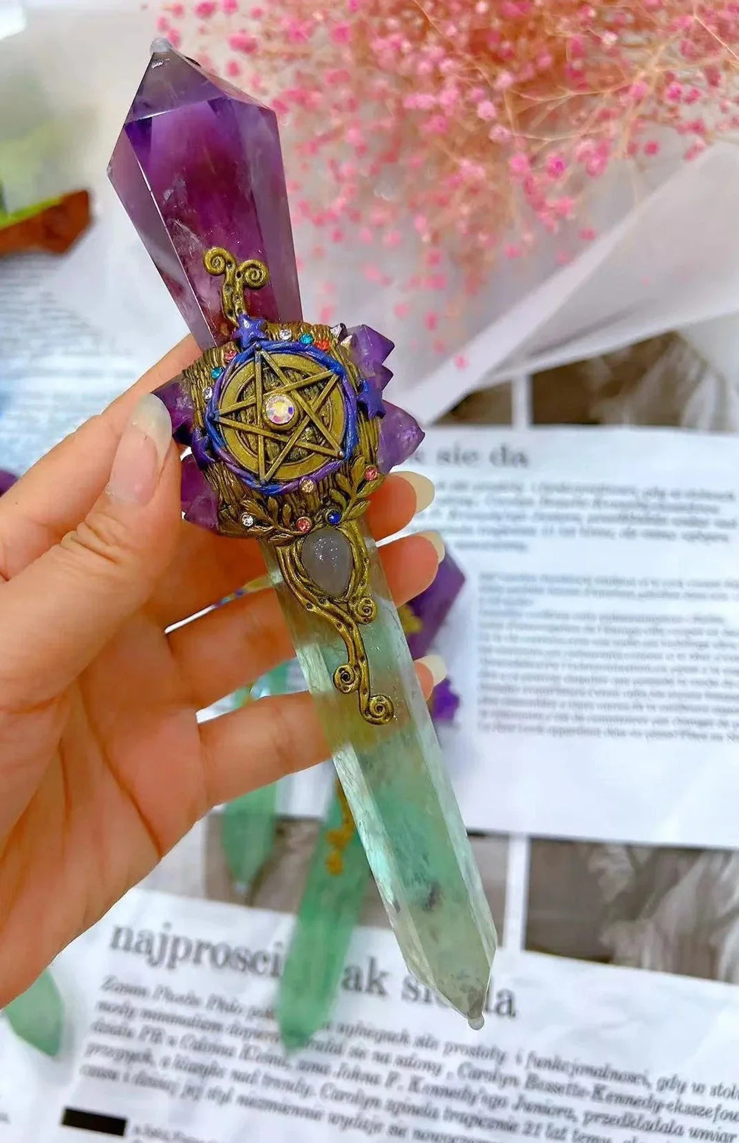 Green Fluorite And Amethyst Pentacle Witch Wand For Healing