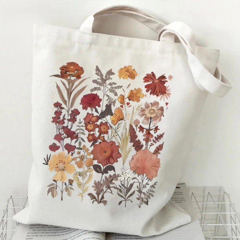 Large Capacity Witchy Floral Moon Canvas Tote Bags