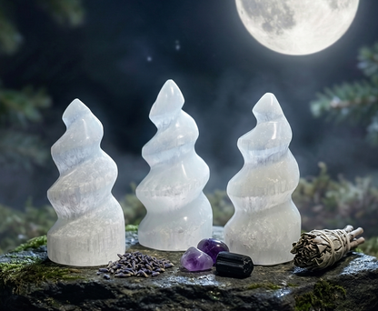 Selenite Crystal Spiral Standing Tower Medium (5-6 Inches) Gemstone Carving Home Decor Supply