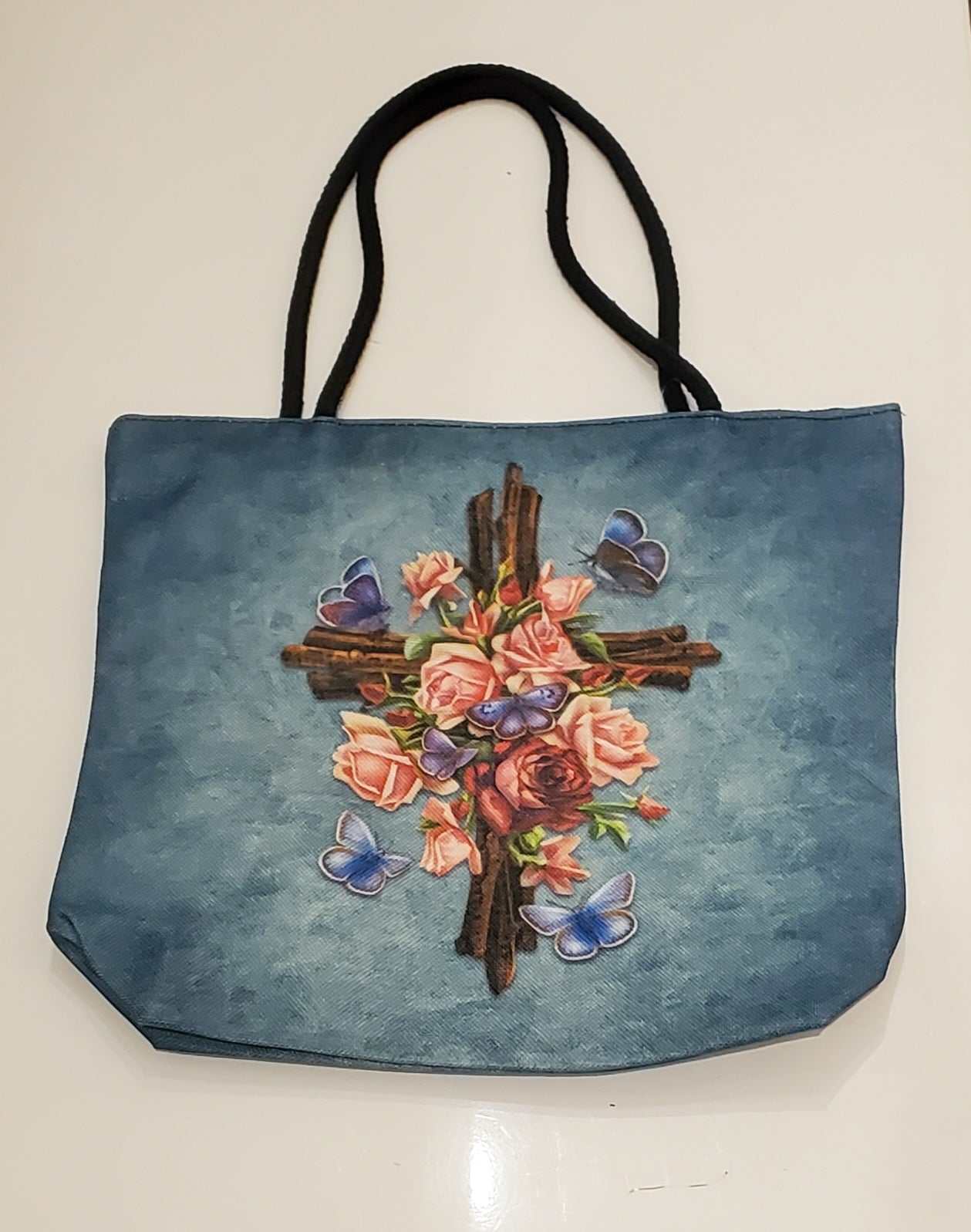 Tote Bag - Cross with Roses & Butterflies