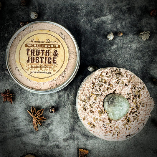 Truth and Justice Sachet Powder – 1 Oz with Deer’s Tongue & Aquamarine