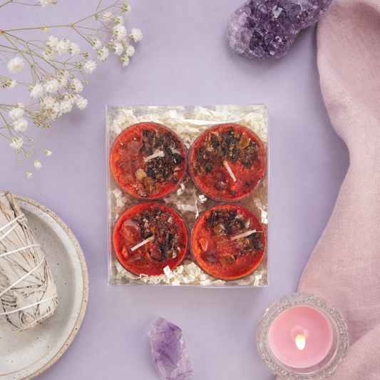 Shakti Goddess Tea Light Candle Set – 4 Candles with Carnelian & Botanicals