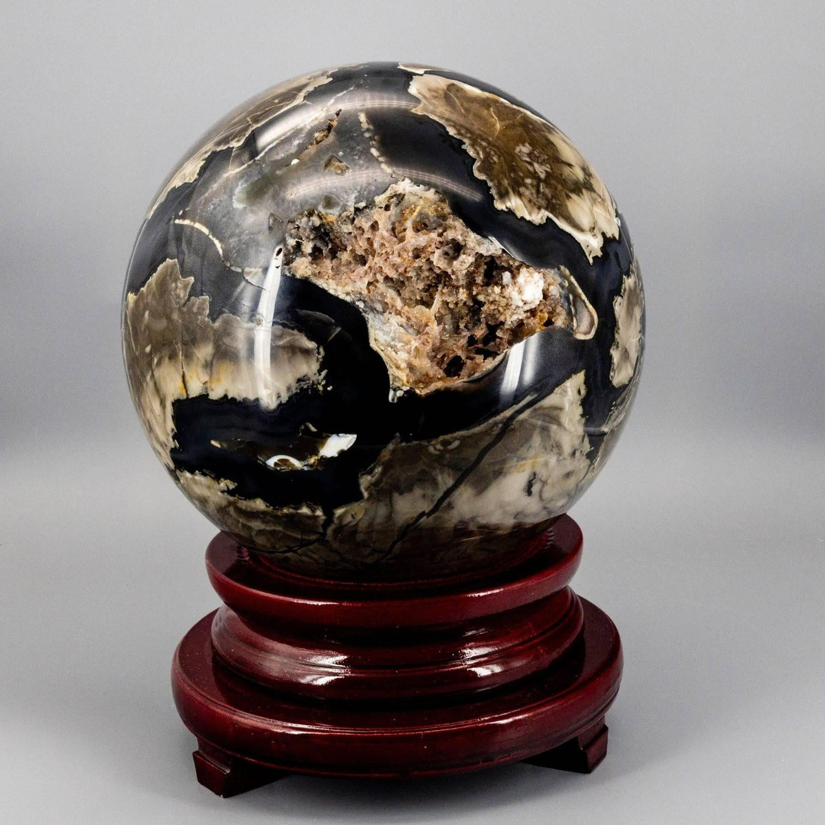 10-Inch XXL UV-Reactive Volcano Agate Sphere with Stand