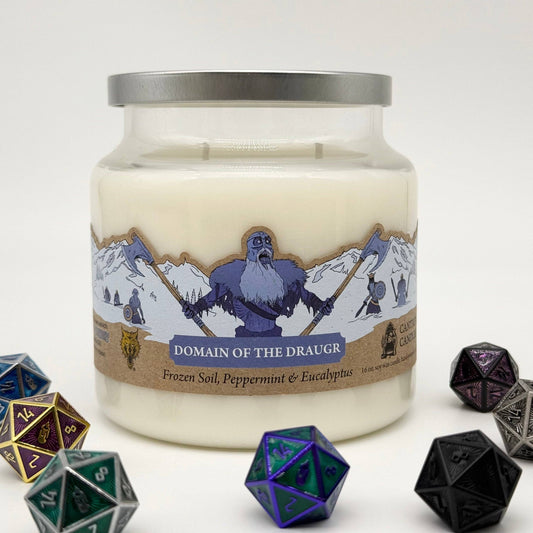 Cantrip Candles Domain of the Draugr – 16 Oz Soy Candle with Peppermint, Eucalyptus & Hidden D20