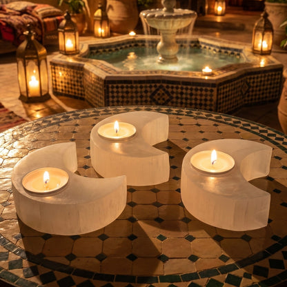 Selenite Crystal Crescent Moon Tealight Candle Carving Gemstone Home Decor