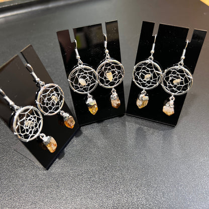 DreamCatcher Earrings Pair (Citrine Crystal)(Silver Plated)(Stainless Steel Hooks) Gemstone Jewelry Supply
