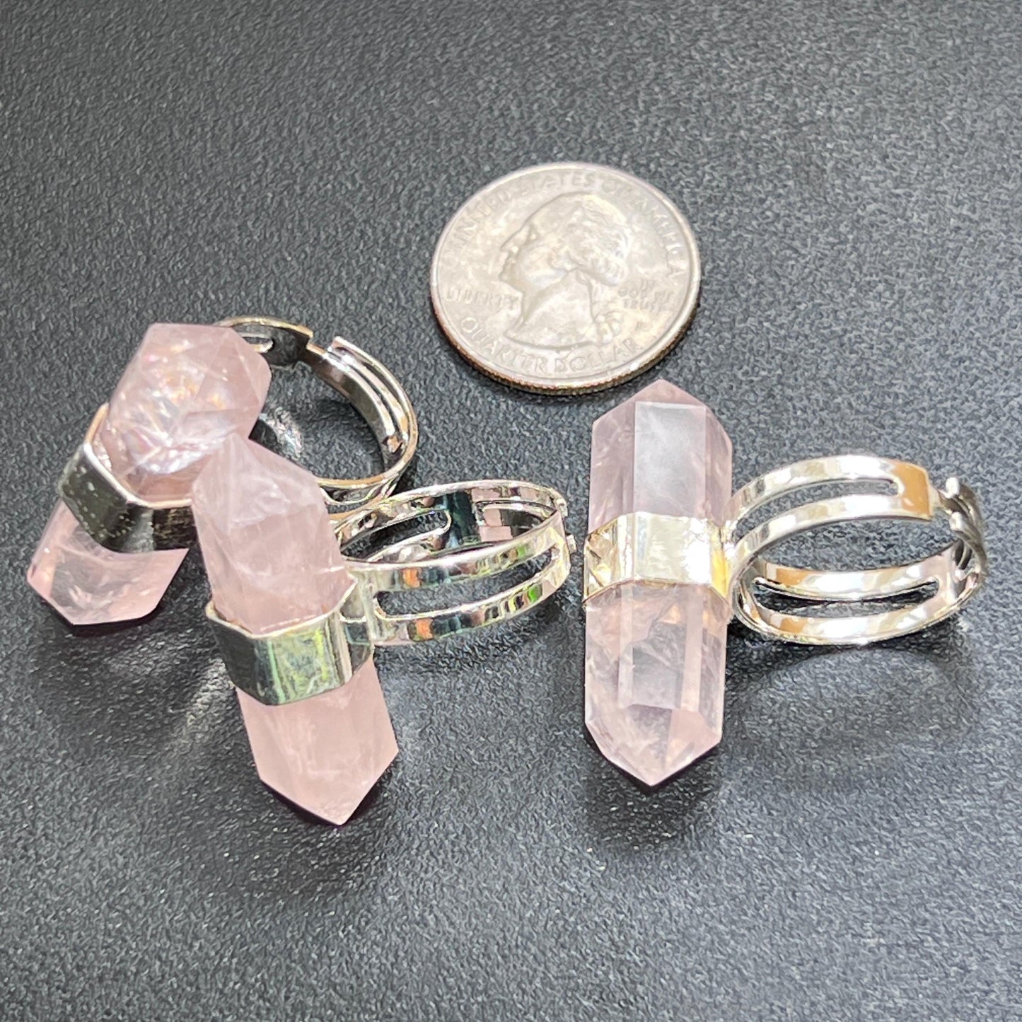 Pink Rose Quartz Crystal Point Adjustable Ring (Silver Plated) Costume Jewelry Supply