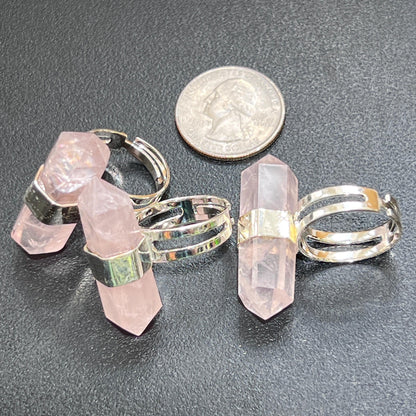 Pink Rose Quartz Crystal Point Adjustable Ring (Silver Plated) Costume Jewelry Supply