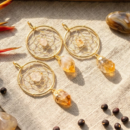 Dreamcatcher Pendant (Citrine Crystal Point)(Gold Plated) Gemstone Jewelry Necklace Supply