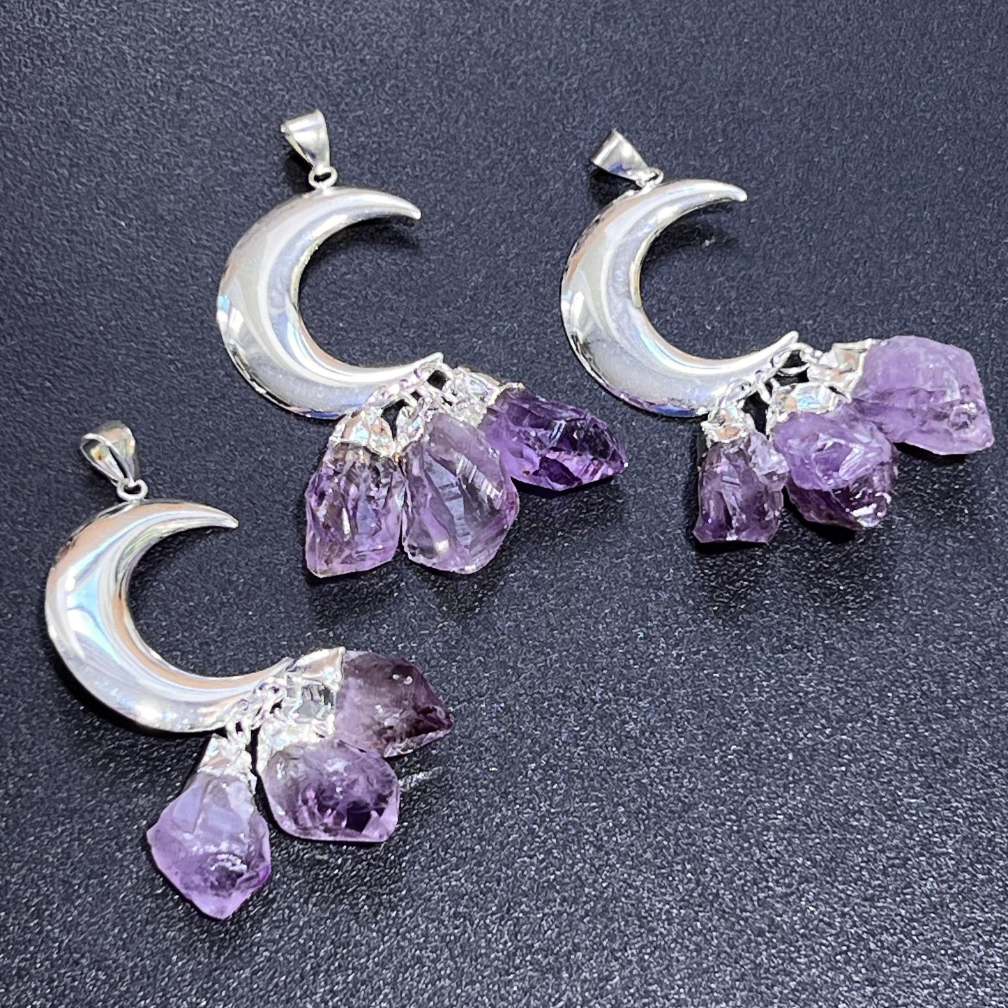 Amethyst Crystal Crescent Moon Pendant (Silver Plated)(3 Crystals) Gemstone Jewelry Necklace Supply